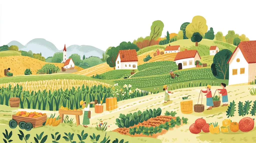 A vibrant illustration depicts a picturesque countryside scene. Rolling hills are dotted with charming houses and farmlands brimming with various crops, including corn, vegetables, and fruit.  People are actively harvesting and tending to the produce, creating a lively atmosphere of rural life. The style is cheerful and whimsical, evoking a sense of community and bountiful harvest. A small church adds a touch of quaintness to the idyllic setting.
