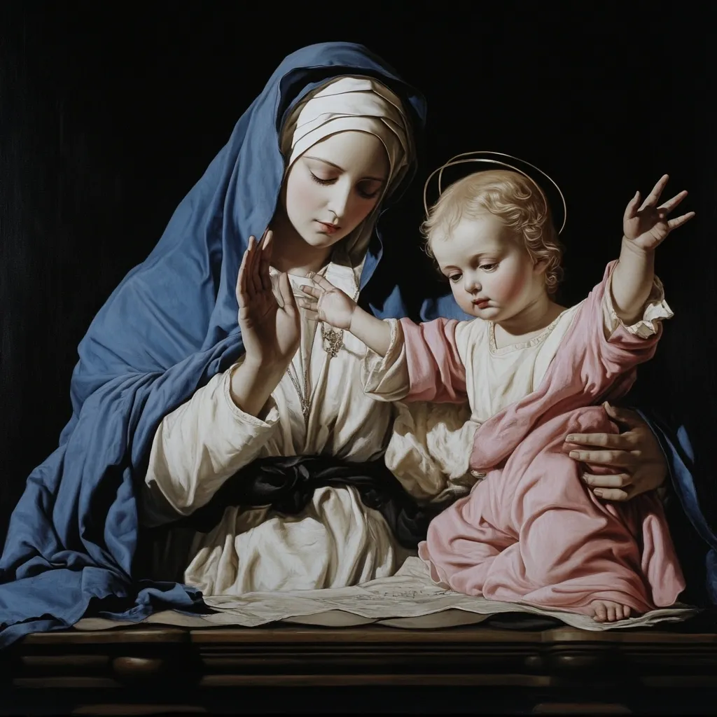 The painting depicts the Virgin Mary and the infant Jesus. Mary, draped in a blue mantle and white robe, gently interacts with Jesus, who is dressed in a pale pink garment.  Jesus's hand reaches out, while Mary's hand is raised in a gesture of blessing or protection.  The dark background contrasts with their light clothing, focusing attention on the tender interaction between mother and child.  A map or parchment lies on a surface before them, adding a subtle layer of narrative. The style is reminiscent of Baroque religious painting, emphasizing emotion and detail.