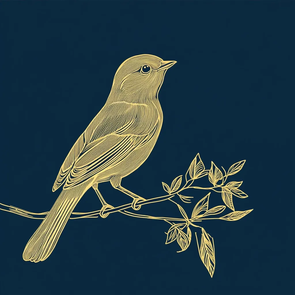 Here's a description of the image:

The image showcases a detailed line drawing of a bird perched on a branch.  The style is reminiscent of vintage botanical illustrations, with fine, hatched lines creating texture and depth within the bird's form.  The bird is rendered in a gold or pale yellow hue against a dark navy blue background, providing a strong contrast. The branch features delicately drawn leaves, adding to the elegant and nature-inspired aesthetic. The overall effect is sophisticated and visually appealing.