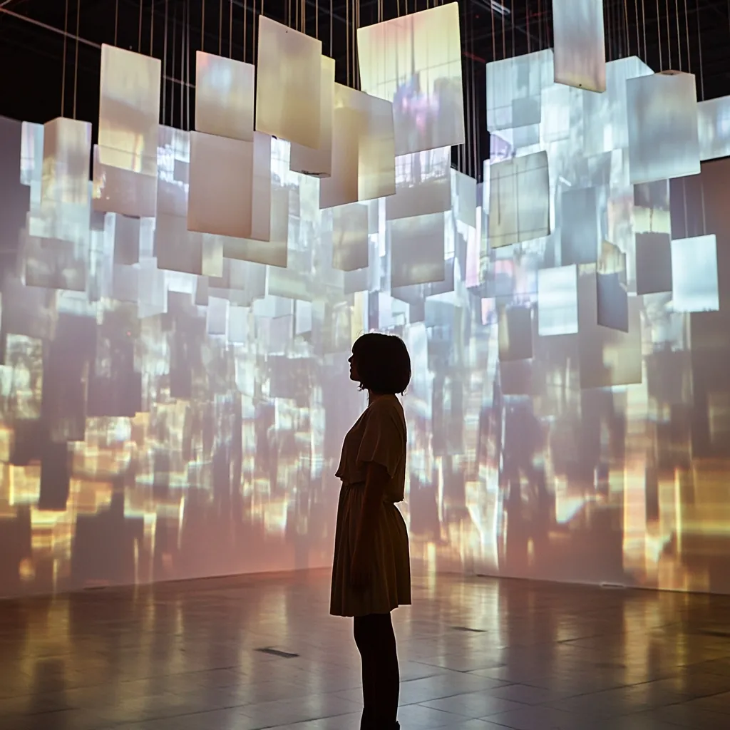 A young woman, silhouetted against a wall, stands in a modern art installation.  Numerous rectangular screens hang from the ceiling, displaying fragmented, overlapping images in muted warm tones. The projections create a dynamic and immersive environment, suggesting a city scene or a complex data stream. The woman's posture suggests contemplation or introspection within this visually captivating space.  The overall mood is serene yet slightly mysterious.