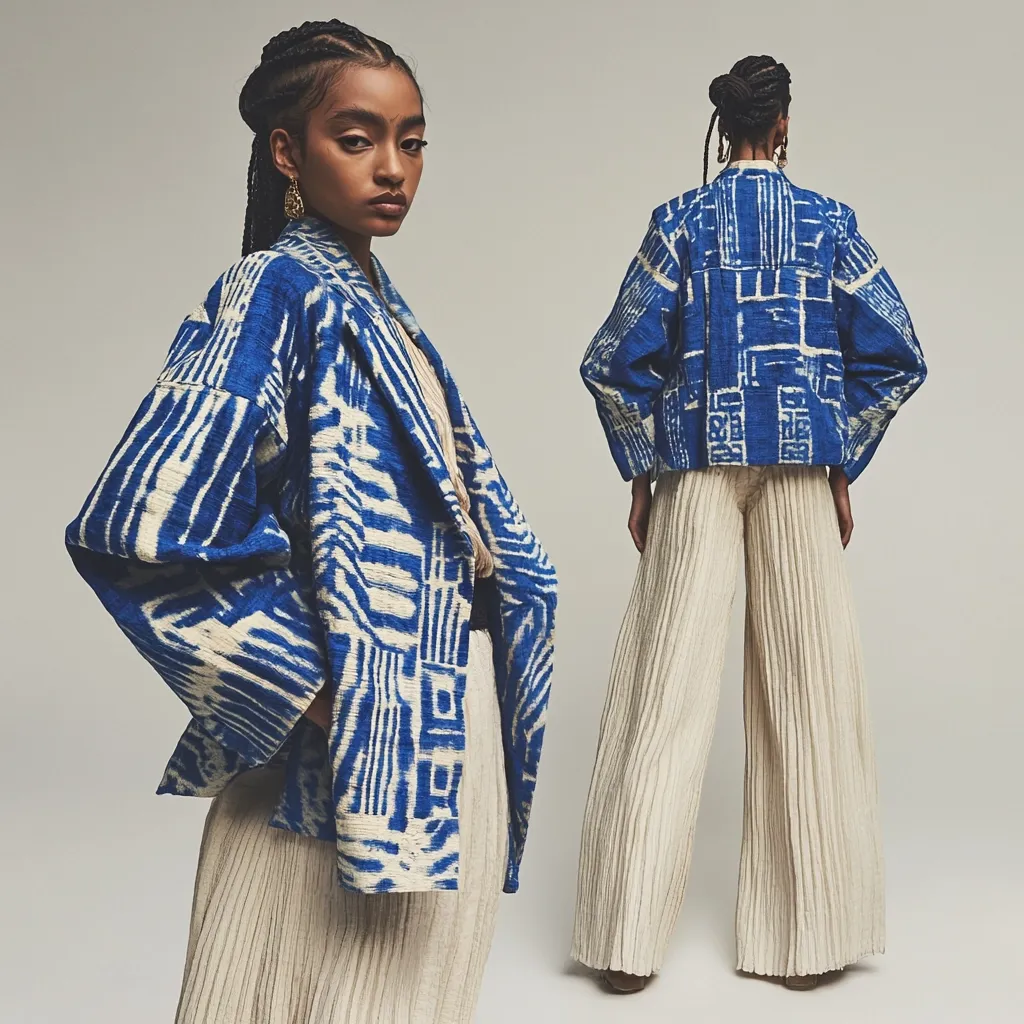 Here's a description of the image:

The image shows a fashion model showcasing a striking outfit.  The model is dark-skinned with dark hair styled in braids. She wears a loose-fitting, knee-length jacket in a vibrant blue and white geometric print. The jacket has wide sleeves and a relaxed, kimono-like silhouette. Paired with the jacket are wide-legged, pleated cream-colored trousers. A second image, from the back, shows the jacket's design more fully, highlighting its abstract, almost architectural print. The overall aesthetic is modern, sophisticated, and slightly bohemian. The background is a simple, neutral gray, focusing attention on the clothing and model.