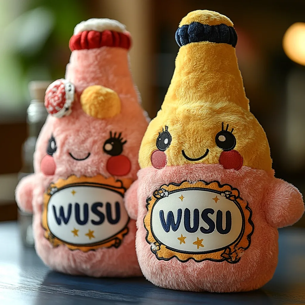 Two plush toys shaped like bottles are shown.  One is pink with a red cap and the other is yellow with a dark blue cap. Both have cute, smiling faces embroidered on them, along with the word "WUSU" on a label-like patch.  They are soft and fluffy, possibly intended as children's toys or decorative items.  The image has a slightly blurred background suggesting they are sitting on a table.