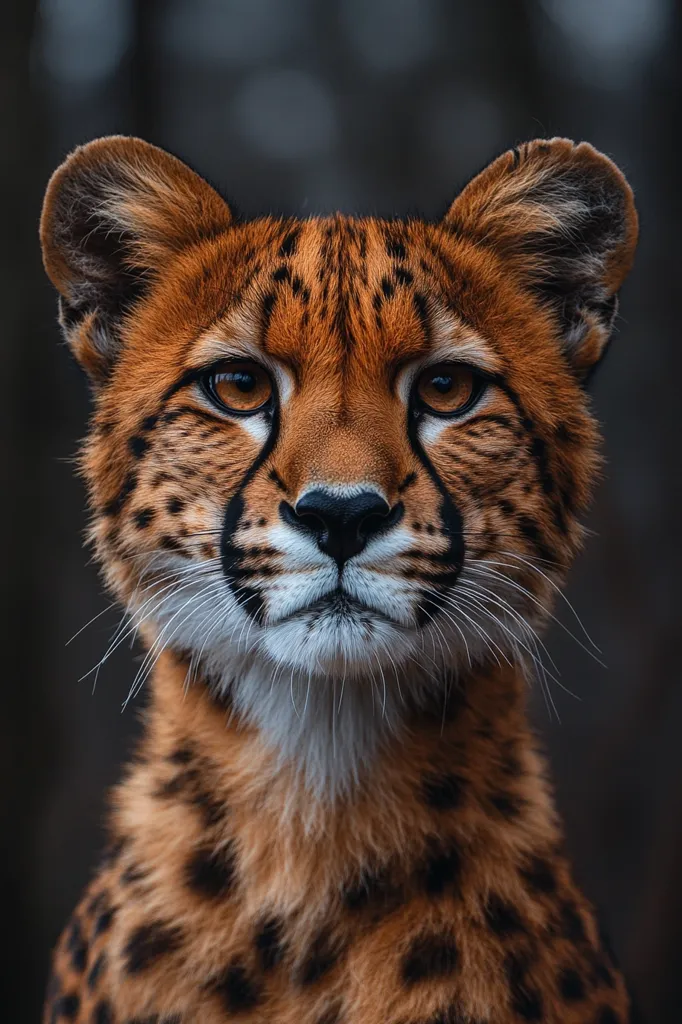 Here's a description of the image:

Close-up view of a young cheetah, its gaze directly engaging the viewer.  The cheetah's coat is a rich blend of orange and black spots, contrasting sharply against a dark, blurred background that suggests a natural setting. The animal's expression is serious yet captivating, showcasing its intense amber eyes and delicate facial features. The fur appears soft and slightly fluffy, particularly noticeable around its neck and ears. The overall image conveys a sense of wild beauty and the captivating power of nature.