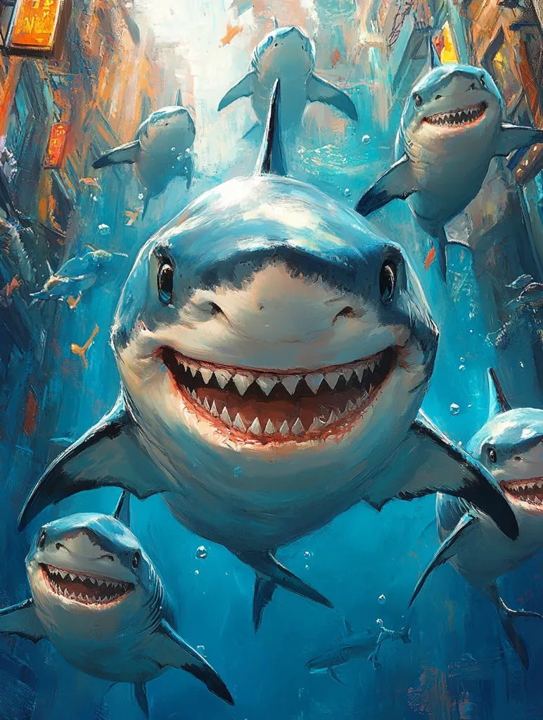 A vibrant painting depicts a group of cartoonish sharks swimming through a city scene.  The largest shark, in the foreground, grins broadly, its teeth prominent. Smaller sharks surround it, some seemingly playful, others slightly more menacing. The background suggests a vibrant, old city with buildings visible through the water. The overall style is whimsical yet detailed, a blend of realism and fantasy. The water is painted with a dynamic energy, capturing the movement of the sharks.