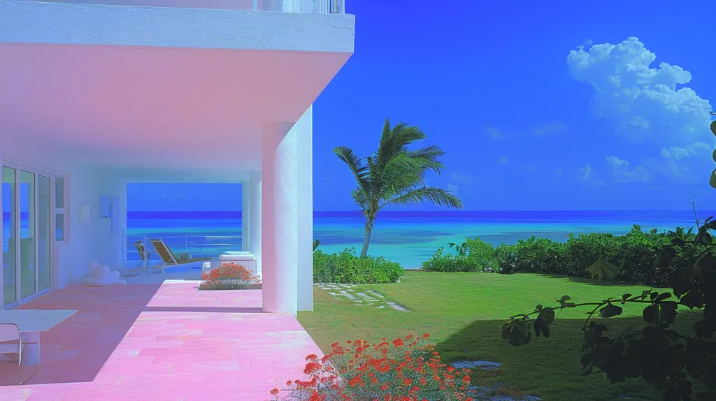 Here's a description of the image:

The image shows a pastel-toned view from a modern, minimalist beachfront home. A pink-hued patio extends from the white building towards a vibrant turquoise ocean. Lush green landscaping, including a palm tree and flowering bushes, separates the patio from the beach.  The sky is a bright, clear blue with a single puffy white cloud.  A lounge chair is partially visible on the patio, adding to the tranquil, luxurious ambiance. The overall effect is one of serene coastal beauty, with a stylized, almost dreamlike quality.