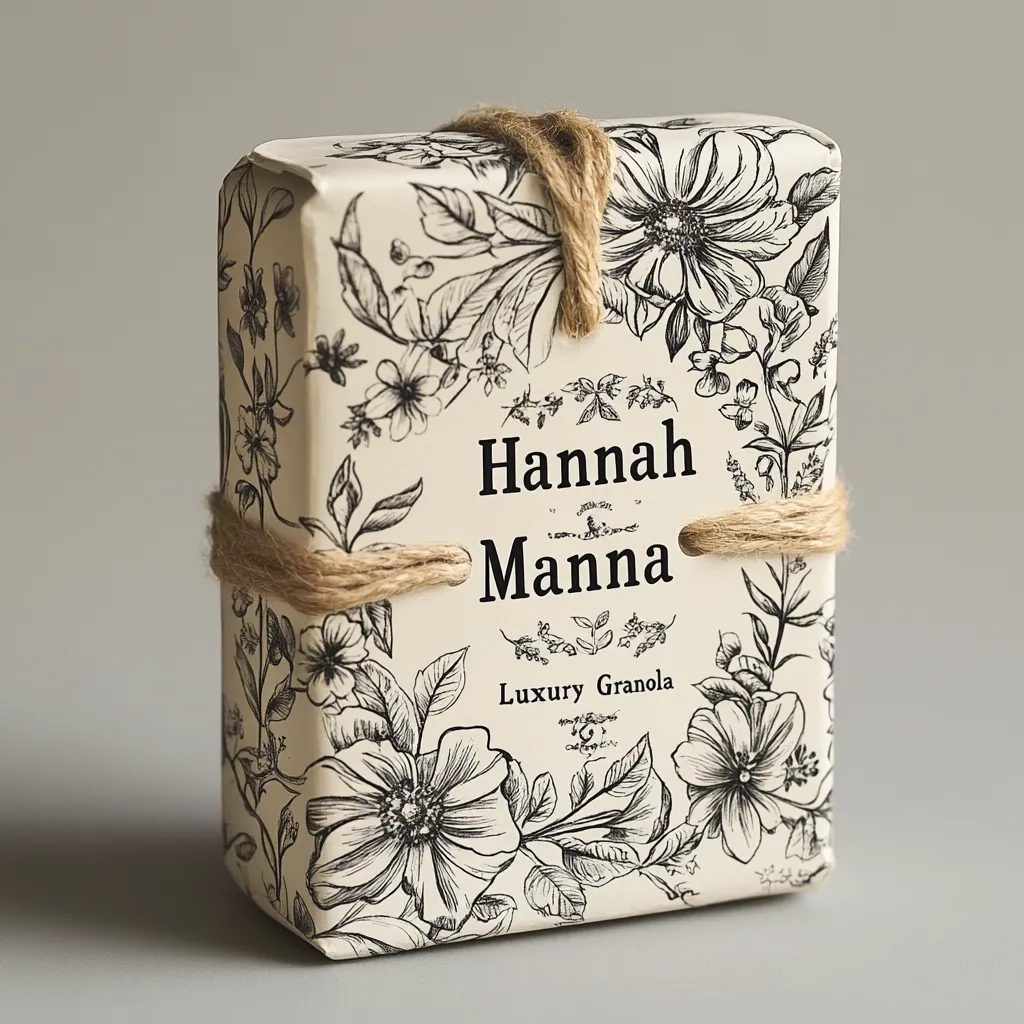 A rectangular box of "Hannah Manna Luxury Granola" is presented.  The off-white box features a black and white floral design, with detailed line drawings of various flowers and leaves.  The brand name is prominently displayed in a simple, elegant font.  The box is tied with a rustic jute twine, adding a touch of handcrafted charm. The overall aesthetic is sophisticated and natural.