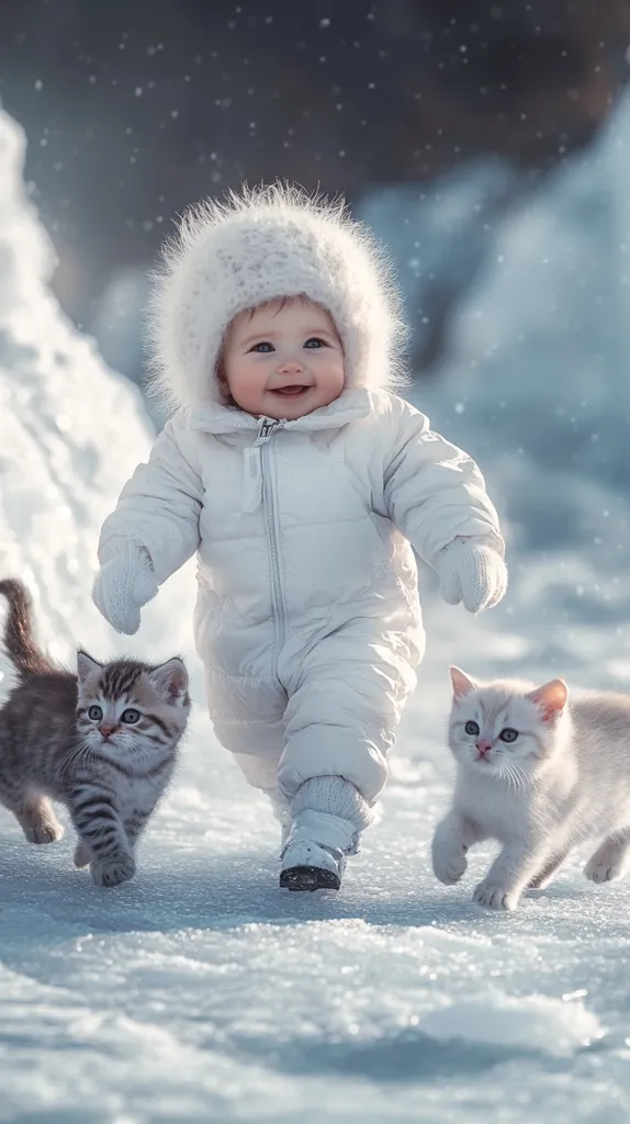 A cheerful baby, bundled in a fluffy white snowsuit and hat, toddles through a snowy landscape.  Two adorable kittens, one grey and white tabby, the other a creamy white, walk alongside.  The scene is idyllic, filled with soft light and falling snow, creating a charming winter wonderland. The baby's happy expression and the kittens' playful presence evoke a sense of innocent joy.