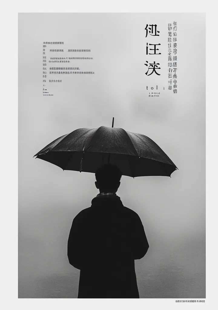 A monochromatic image showcases a person's back, silhouetted against a misty backdrop. They stand beneath a large, dark umbrella, the rain seemingly falling around them. The overall mood is somber and reflective.  The image is overlaid with Chinese text, possibly a title or poem, adding a layer of mystery and cultural context. The composition focuses on solitude and the feeling of being enveloped by weather and thought.