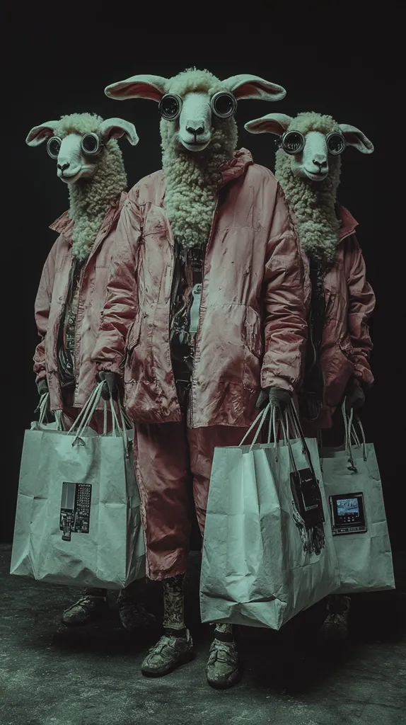 Three figures, seemingly human but wearing sheep masks and goggles, stand against a dark background. They are dressed in dusty rose, oversized  puffer jackets and pants, and each carries a large, off-white shopping bag.  Their attire and the bags suggest a post-apocalyptic or dystopian setting. The overall mood is unsettling yet intriguing, showcasing a blend of the absurd and the potentially sinister.