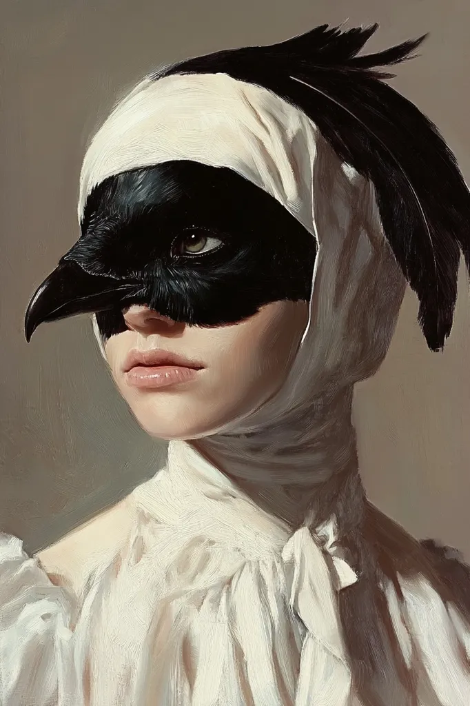 Here's a description of the image:

The painting showcases a young woman, her face partially obscured by a striking black raven mask.  The mask is intricately detailed, feathers seeming to extend into a white head covering that resembles a bonnet or bandage. The woman's visible skin is pale, her expression serene yet enigmatic. She wears a simple, off-white, ruffled blouse. The overall style is reminiscent of classical portraiture, with a focus on texture and subtle light and shadow, lending the piece a mysterious and slightly melancholic atmosphere.