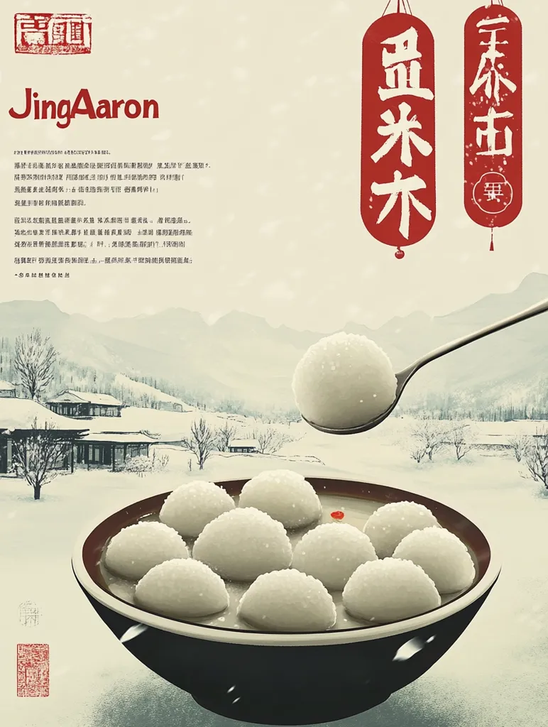This image is an advertisement for "JingAaron" featuring a bowl of tangyuan (glutinous rice balls), a traditional Chinese dessert.  The bowl is depicted in a snowy winter landscape, with a spoon lifting a single tangyuan.  The Chinese characters on the lanterns translate to "tangyuan," further emphasizing the product. The overall style is elegant and evocative of a winter festival atmosphere. The text, while in Chinese, likely details the product and company.