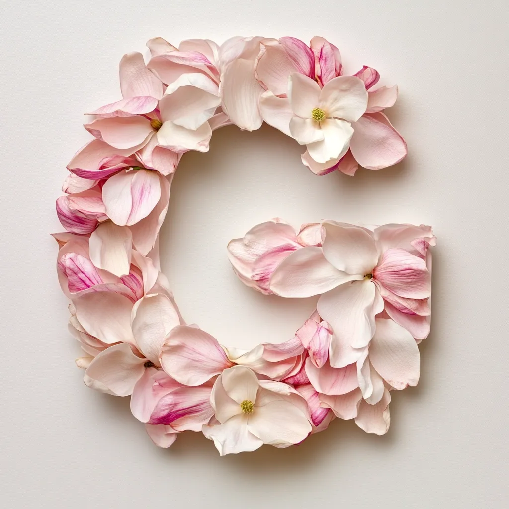 Here's a description of the image:

The image showcases the letter "G" artfully crafted from delicate pink and white magnolia petals.  The petals are arranged to form the shape of the letter, with some whole blossoms visible among the individual petals.  The background is a simple, off-white, providing a stark contrast that highlights the floral composition. The overall aesthetic is elegant and subtly romantic. The lighting is soft and even, enhancing the natural beauty of the magnolia blossoms.