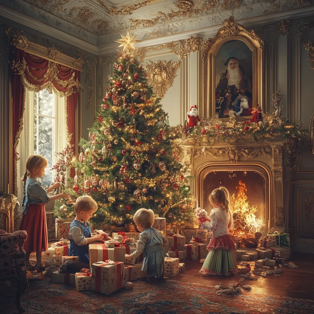 A lavishly decorated Christmas scene unfolds in a grand, ornate room.  A large, glittering Christmas tree dominates the center, surrounded by children excitedly opening presents.  The children, dressed in festive attire, are captivated by the gifts. A roaring fire crackles in the opulent fireplace, above which hangs a portrait of a Santa-like figure. The overall atmosphere is one of joyous Christmas celebration in a palatial setting.
