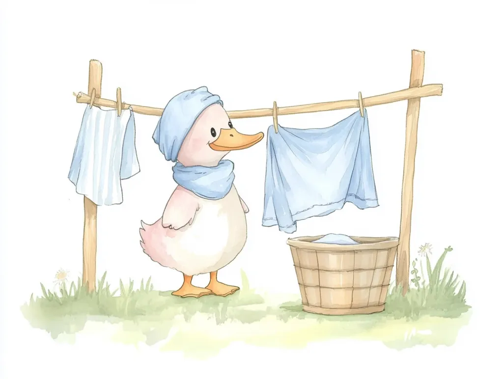 Here's a description of the image:

A charming watercolor illustration depicts a cute, cartoonish duckling dressed in a light blue hat and scarf.  It stands near a rustic clothesline where light blue garments hang to dry. A wicker laundry basket sits below, containing more washed items.  The scene is set in a simple, grassy area, suggesting a peaceful, countryside setting. The overall style is whimsical and childlike.