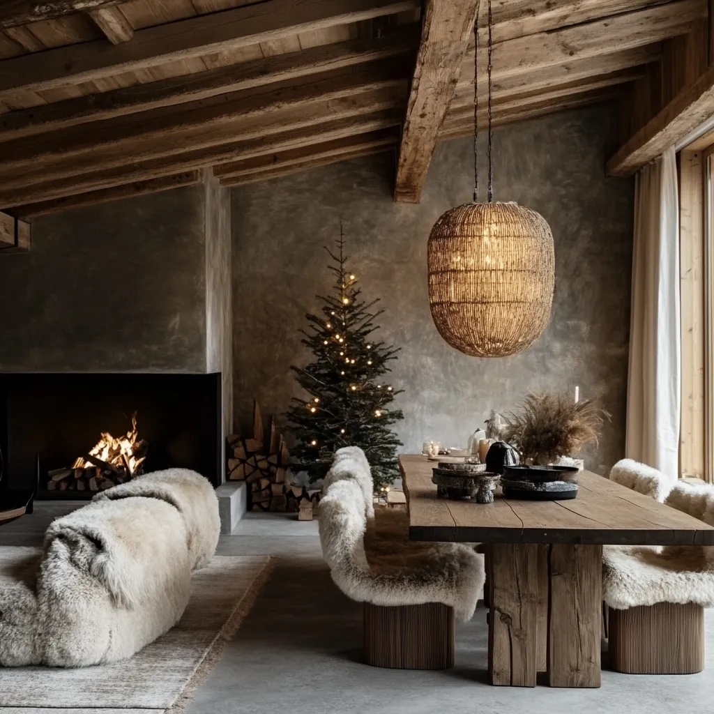 A rustic living room features a large, round woven pendant light hanging above a long wooden dining table.  The table is surrounded by plush, light-colored fur chairs.  A decorated Christmas tree stands near the fireplace, which is burning merrily. The room's walls are a textured grey, complementing the exposed wooden beams of the high ceiling.  The overall aesthetic is cozy and warmly lit, showcasing a blend of natural materials and textures.  Large, sheepskin-like throws add to the comfortable ambiance.