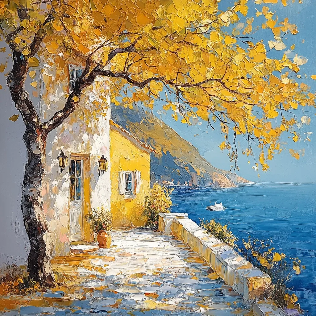 A vibrant oil painting depicts a sun-drenched Mediterranean scene. A yellow house, partially shaded by a tree with golden leaves, sits on a cliff overlooking a calm, blue sea.  The patio, paved in white stones, basks in sunlight.  A boat is visible on the horizon, adding to the tranquil atmosphere.  The style is impressionistic, with visible brushstrokes contributing to the painting's texture and light. The scene evokes a sense of warmth and peaceful coastal living.