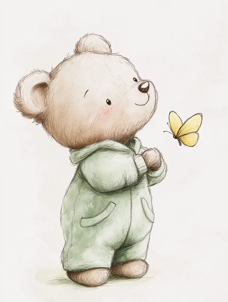 A charming illustration depicts a teddy bear, clad in a sage green jumpsuit, gazing upward with a gentle smile.  The bear's soft, brown fur is rendered with delicate pencil strokes and watercolor washes, creating a whimsical, childlike quality.  A small, pale yellow butterfly flits nearby, adding to the scene's serene and heartwarming atmosphere. The overall style is soft, inviting, and slightly nostalgic.