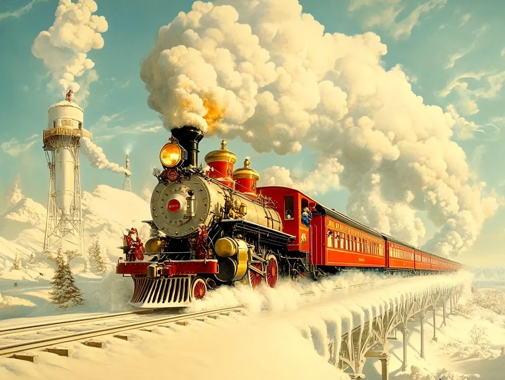A vintage steam locomotive, pulling a long line of red passenger cars, chugs across a snow-covered bridge.  Thick, white smoke billows from its stack against a bright, partly cloudy sky.  A water tower stands in the background, amidst a snowy, mountainous landscape dotted with evergreen trees. The scene evokes a nostalgic feeling of classic train travel in a winter wonderland. The overall style suggests a romanticized depiction, possibly a painting or illustration.
