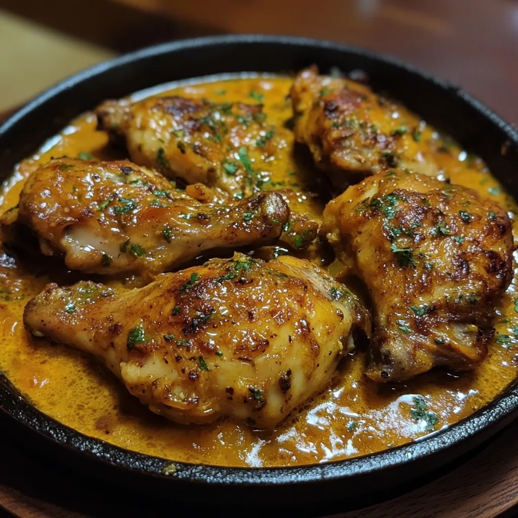 Here's a description of the image:

A close-up shot reveals five succulent chicken legs, glistening with a rich, golden-brown sauce.  The chicken appears roasted, with a subtly spiced, slightly glossy surface. Fresh herbs, likely parsley, are sprinkled over the dish, adding a pop of green to the warm tones. The chicken legs are nestled in a creamy, orange-hued sauce within a dark, cast-iron skillet. The overall presentation is appetizing and suggests a flavorful, home-cooked meal.