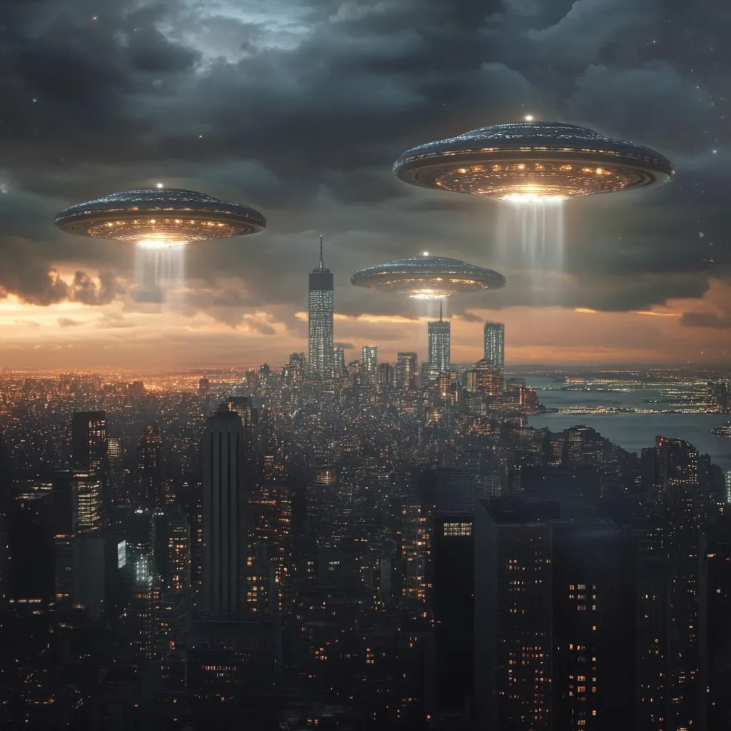 Here's a description of the image:

The image depicts a dramatic scene of three unidentified flying objects (UFOs) hovering over a nighttime cityscape, possibly New York City, with the One World Trade Center visible.  The UFOs are classic saucer shapes, emitting beams of light. The city is illuminated, creating a striking contrast with the dark, stormy clouds above. The overall mood is one of suspense and otherworldly invasion, capturing a sense of both wonder and potential threat.  The setting sun casts a warm glow on the horizon, adding to the atmospheric tension.