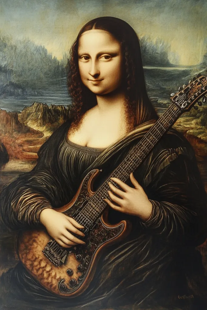 This artwork is a modern reimagining of Leonardo da Vinci's Mona Lisa.  The subject, retaining the iconic enigmatic smile and pose, now holds a meticulously detailed, ornate electric guitar.  The background, while reminiscent of the original painting's landscape, is slightly muted. The overall effect is a juxtaposition of classical elegance and contemporary musicality, creating a striking and unexpected visual. The artist's signature is subtly placed in the bottom right corner.