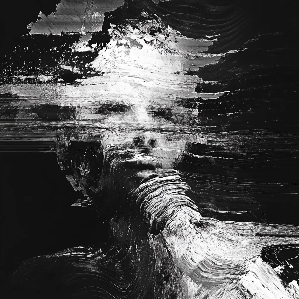 Here's a description of the image:

The image is a monochromatic abstract portrait, rendered in shades of black and white.  The style evokes a sense of distortion and fragmentation, resembling a heavily impastoed painting or a digital glitch effect.  Thick, swirling brushstrokes, or digital equivalents, create a sense of movement and depth.  A face is vaguely discernible within the chaos, its features blurred and indistinct, suggesting a state of unease or hidden emotion.  The overall effect is one of mystery and emotional intensity.
