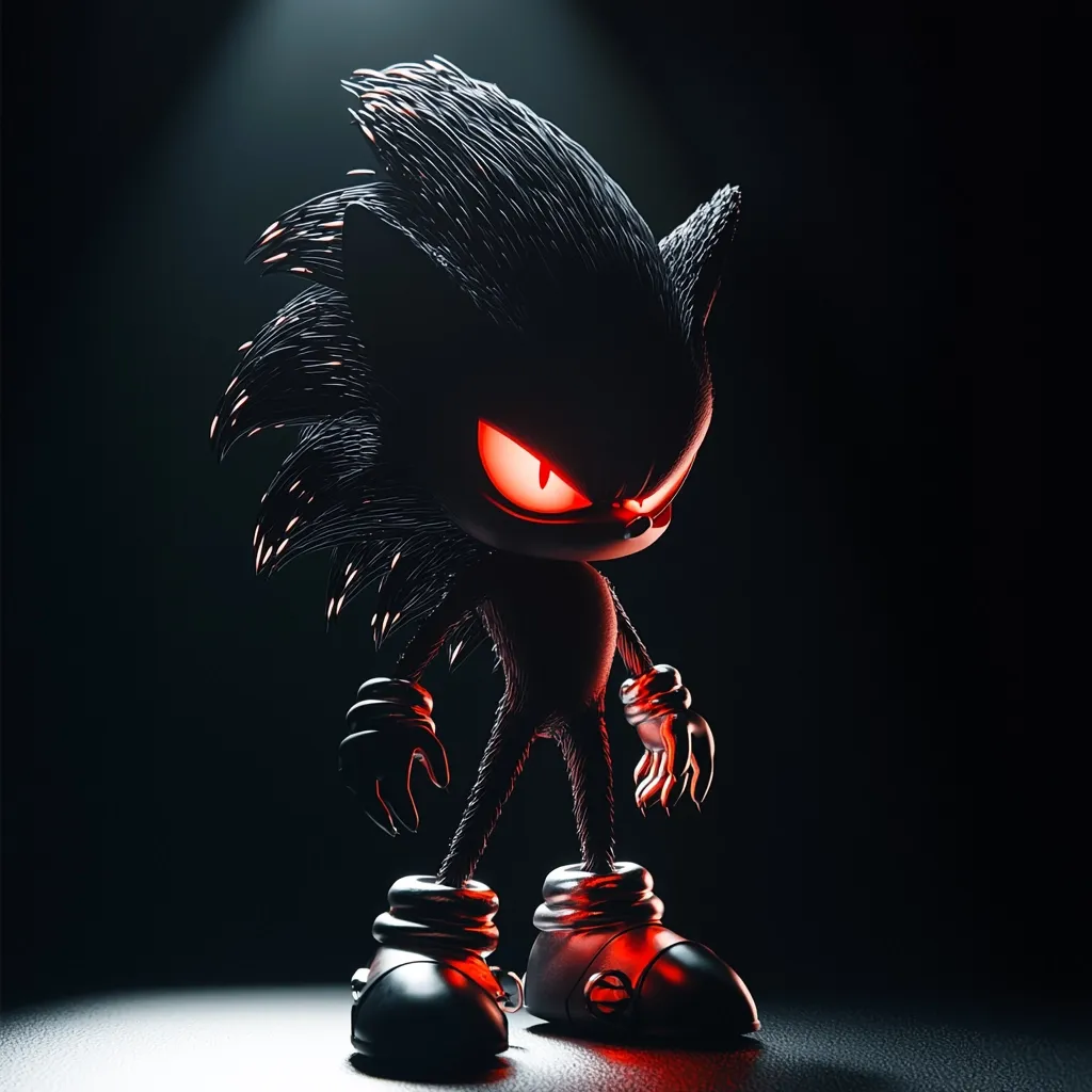 Here is a description of the image:

The image shows a dark, menacing rendition of Sonic the Hedgehog.  His fur is a dark, almost black, shade, and his eyes glow with an intense red light.  He's clad in dark, metallic-looking wristbands and boots, giving him a more powerful, almost villainous appearance.  The background is completely black, except for a single spotlight illuminating Sonic, enhancing the dramatic effect.  The overall mood is dark, powerful, and slightly unsettling.