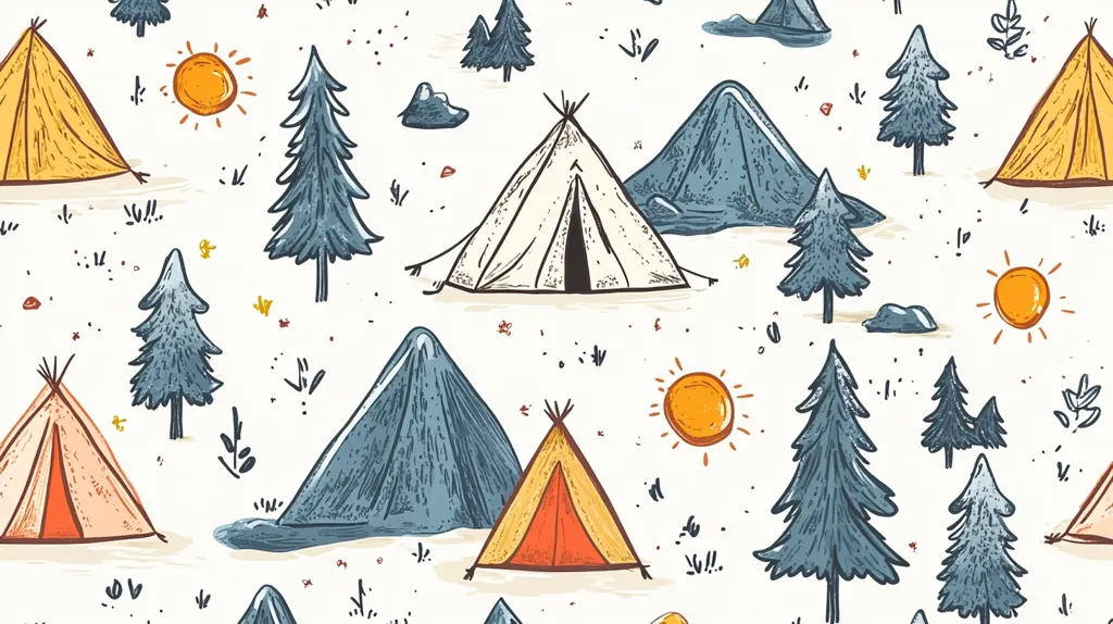 This image is a seamless pattern featuring a whimsical camping scene.  Various styles of tents in yellow, beige, and orange are scattered across a white background, nestled amongst hand-drawn evergreen trees and stylized blue mountains.  Simple suns and small floral details add to the playful, outdoor aesthetic. The style is reminiscent of children's illustrations or fabric designs.