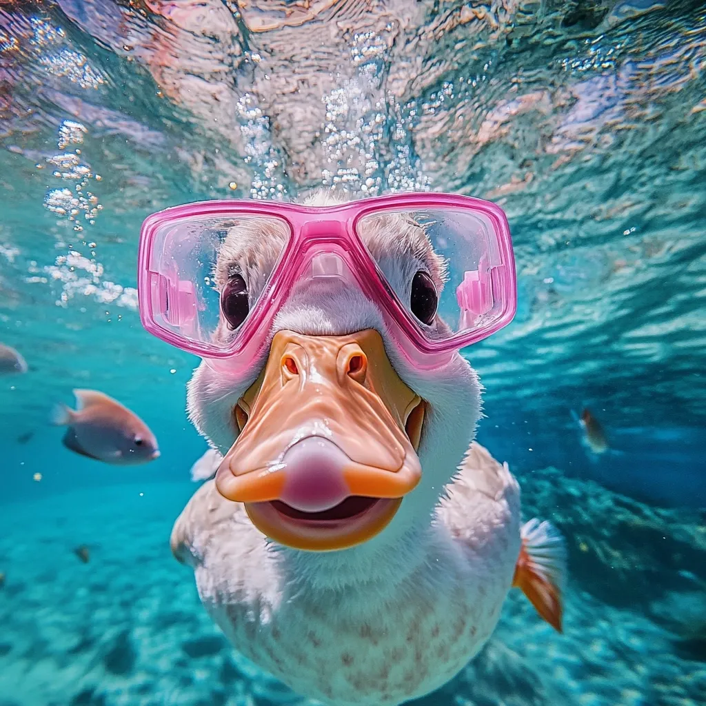 Here's a description of the image:

An underwater close-up captures a duck, seemingly enjoying a swim.  The duck is wearing bright pink swimming goggles, its expression cheerful and almost human-like.  Bubbles surround it, indicating movement in the water.  The background is a blurry turquoise, with a couple of small fish subtly visible. The overall mood is playful and lighthearted.