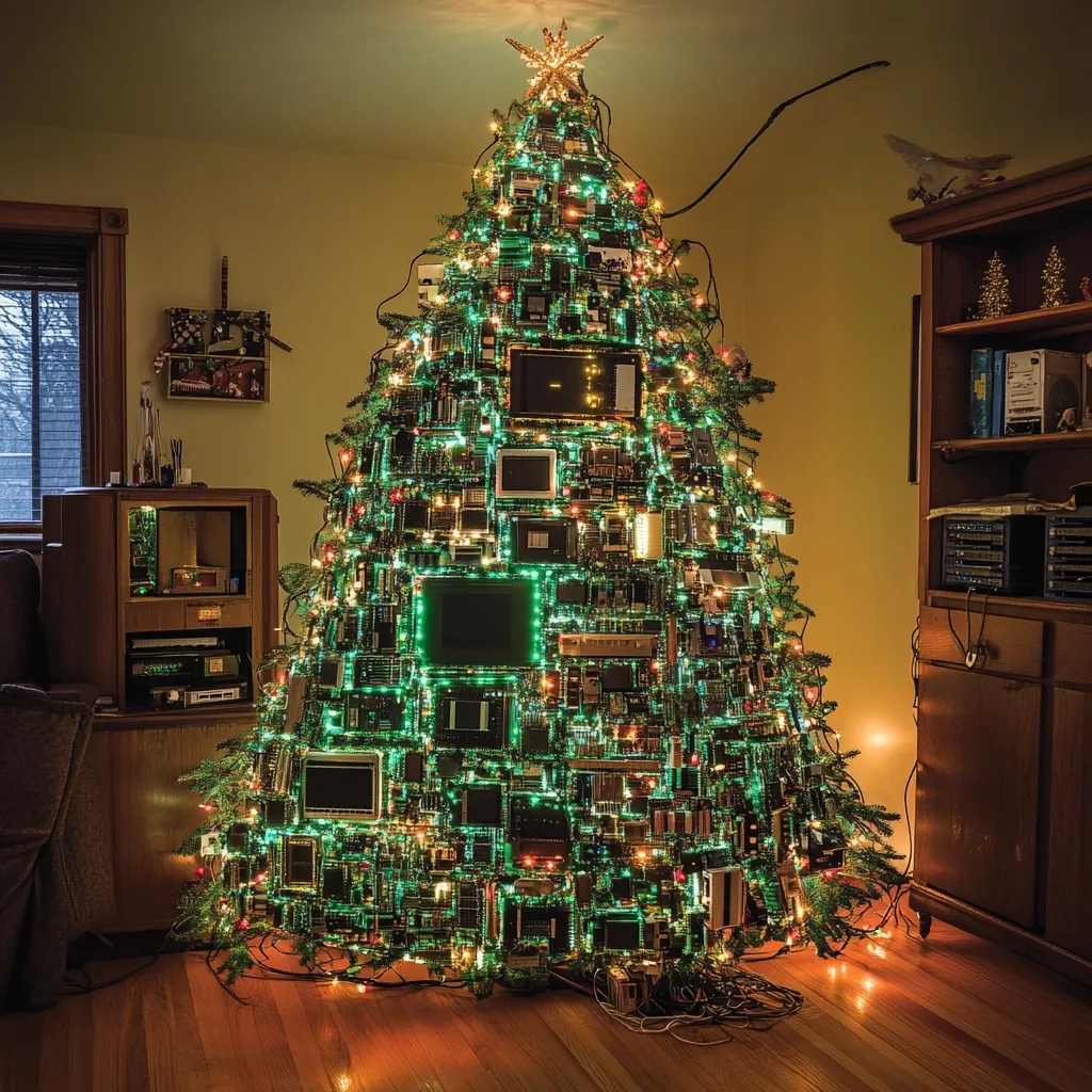 A unique Christmas tree stands in a warmly lit living room.  Instead of traditional ornaments, it's constructed entirely of computer circuit boards, old television screens, and other electronic components, creating a striking visual effect.  Strings of lights illuminate the eclectic structure, which contrasts with the traditional wooden furniture and decor of the room.  The overall scene is a quirky blend of technology and holiday cheer.