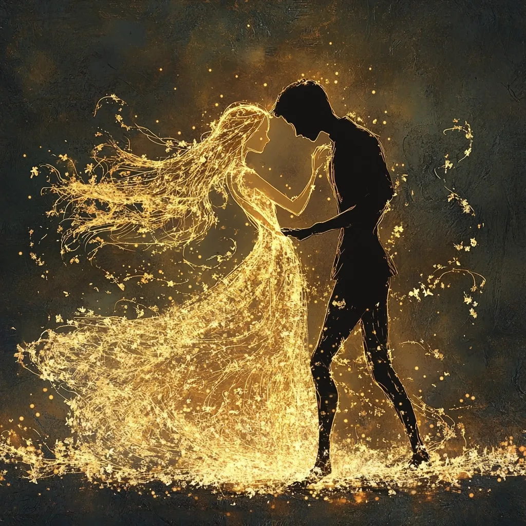 A romantic digital painting depicts a couple embracing. The woman's flowing dress and hair are rendered in shimmering gold light, creating a magical, ethereal effect.  The man stands beside her, his silhouette a stark contrast against her luminous form.  Both figures are subtly detailed, their focus on the gentle intimacy of their moment. The dark, textured background enhances the golden glow of the central figures.  The overall impression is one of enchantment and profound connection.
