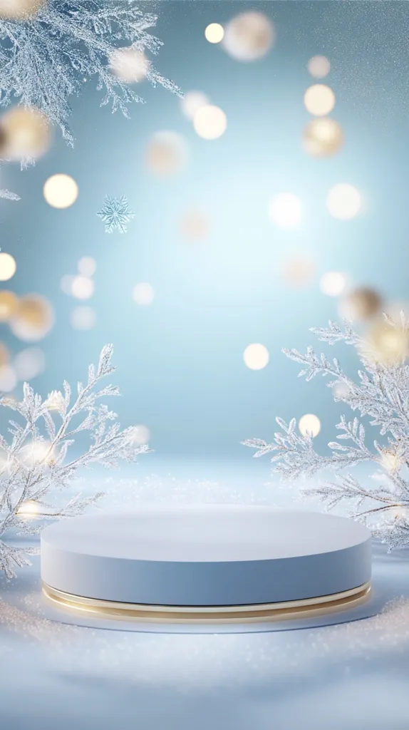 A light blue, cylindrical pedestal with a gold band sits in the center of a winter wonderland scene.  Delicate, frost-covered branches frame the display, set against a soft blue backdrop speckled with out-of-focus golden lights, evoking a feeling of gentle snowfall and festive cheer. The overall aesthetic is elegant and minimalist, perfect for showcasing a product or branding.