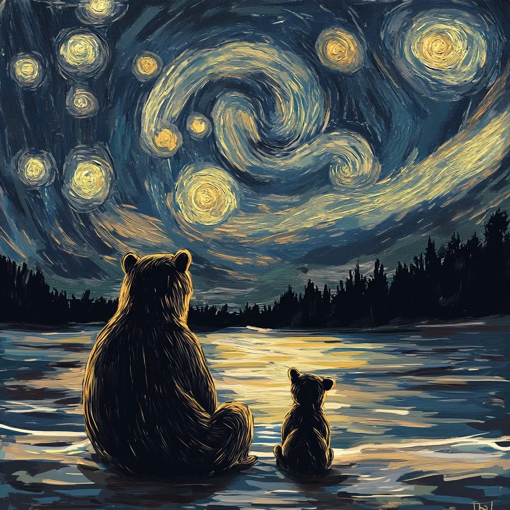 Here's a description of the image:

The artwork depicts a serene night scene in the style of Van Gogh's "Starry Night." Two bears, a large adult and a smaller cub, sit side-by-side on a snow-covered lakeshore, gazing at the swirling, vibrant night sky filled with large, luminous stars.  The impasto technique is clearly visible, with thick, textured brushstrokes creating the effect of a starry sky and a calm, reflective lake. Dark silhouettes of trees line the horizon, contrasting with the luminous sky above. The overall mood is peaceful and contemplative.