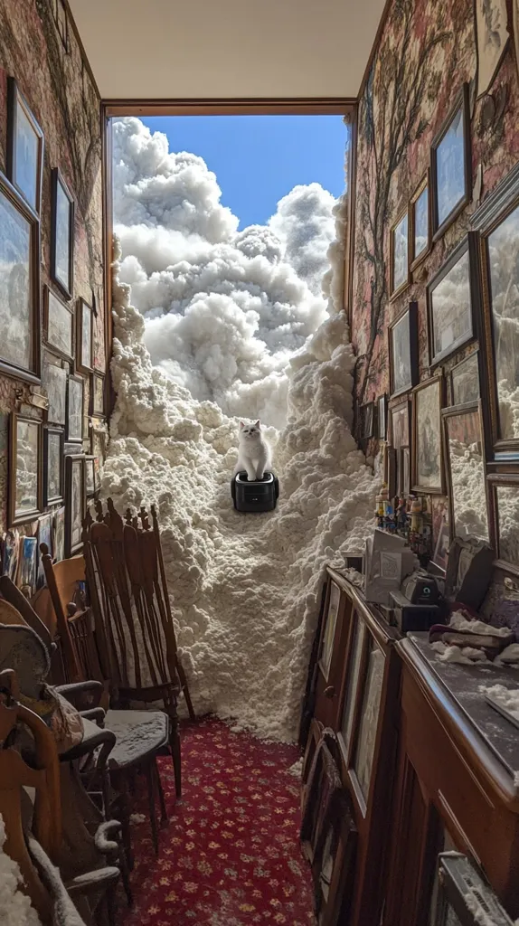 Here's a description of the image:

A whimsical scene unfolds within a room, seemingly invaded by a voluminous cloud of fluffy white material, resembling cotton wool or snow. It fills the room from a window, obscuring most of the floor and reaching halfway up the walls. A white cat sits calmly atop a black object within the fluffy mass. The walls are adorned with numerous framed pictures and antique furniture. A red patterned carpet peeks out from under the fluffy intrusion. The overall effect is surreal and dreamlike, juxtaposing the ordinary with the extraordinary.