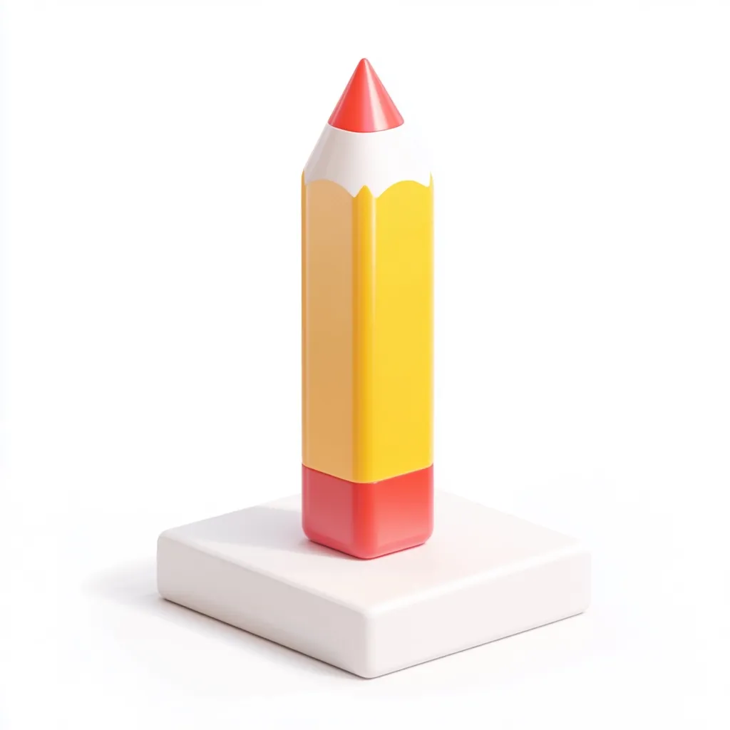 The image shows a large, stylized pencil standing upright on a small, square white pedestal. The pencil is predominantly yellow with a red tip and eraser.  Its proportions are exaggerated, emphasizing its height and simplicity. The clean white background isolates the pencil, creating a minimalist and visually striking image.  The overall impression is one of bold simplicity and a focus on the basic form of the writing implement.