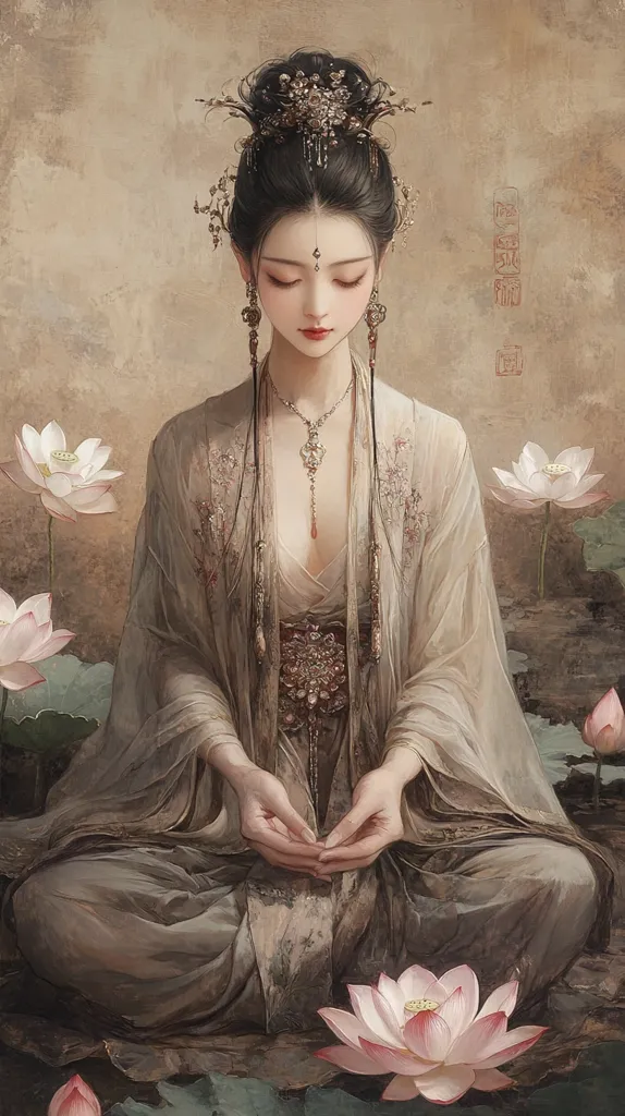 A serene digital painting depicts a woman in traditional East Asian attire, seated in a lotus position amidst blooming lotus flowers. She wears an intricately detailed, flowing robe and elaborate jewelry, including a jeweled headpiece. Her expression is calm and peaceful, her gaze lowered. The muted color palette and soft lighting contribute to the image's tranquil atmosphere. The overall style suggests a blend of classical and fantasy art.