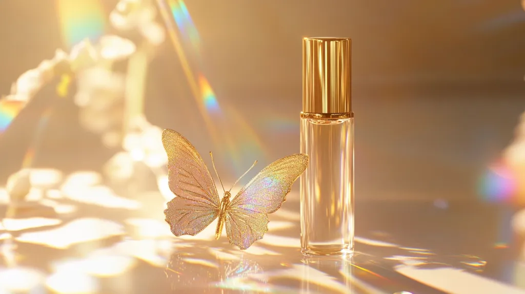 Here's a description of the image:

A delicately crafted, gold-accented perfume bottle rests on a soft, light surface.  Beside it, a shimmering, iridescent butterfly with pale gold and white wings adds a touch of whimsy.  The scene is bathed in warm, golden light, creating a dreamy atmosphere with rainbow lens flares adding to the magical feel. The background is subtly blurred, suggesting a floral setting, enhancing the overall luxurious and ethereal ambiance.