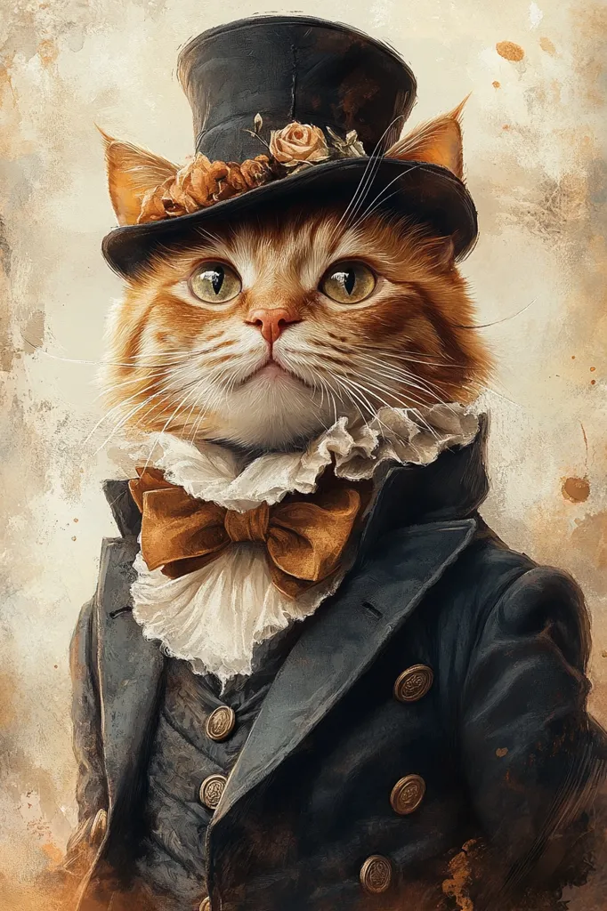 Here's a description of the image:

The artwork depicts a ginger cat elegantly dressed in a dark blue, double-breasted coat with gold buttons.  It wears a top hat adorned with autumnal-colored flowers, and a ruffled white collar complemented by a rich brown bow tie. The cat's expression is serious and dignified, enhancing the aristocratic feel. The background is a textured, muted beige with subtle splashes of color, creating a vintage portrait effect.  The overall style suggests a whimsical blend of Victorian fashion and pet portraiture.