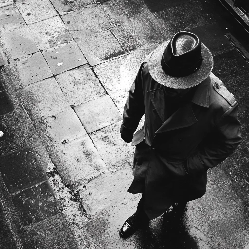 High-angle, black and white shot of a man in a trench coat and fedora walking on a wet, stone pavement. The man's face is obscured by the hat and the shadows. The image has a film noir aesthetic, emphasizing the mystery and anonymity of the subject. The wet pavement reflects the light, creating a glossy surface. The overall mood is somber and atmospheric.