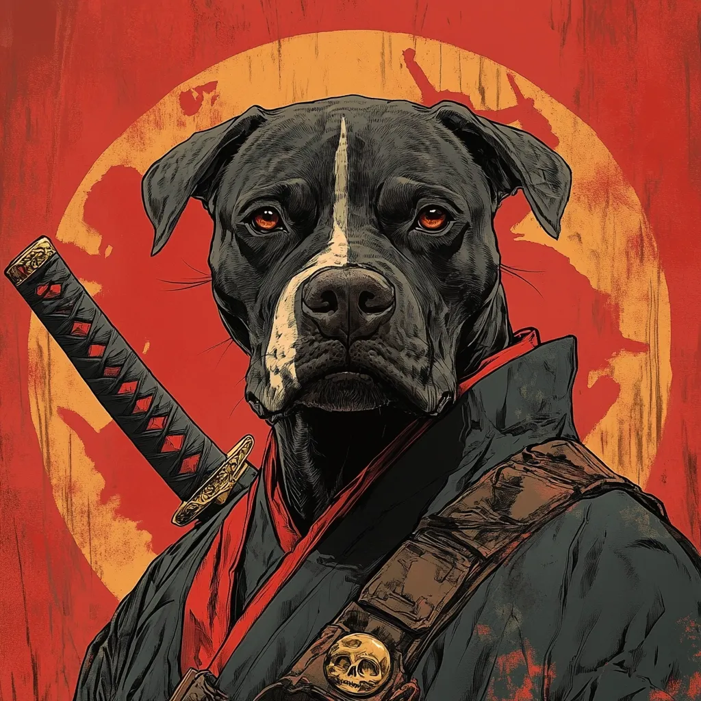 Here's a description of the image:

The artwork depicts a stylized portrait of a black and white pit bull, dressed in dark samurai garb with a red sash.  The dog has intense, focused eyes. A katana, or Japanese sword, with an ornate scabbard is positioned across its body. The background features a large, textured red circle reminiscent of a rising sun, adding to the dramatic, almost mythical, feel.  The overall style is a blend of realism and graphic illustration, conveying strength and stoicism.  A skull-shaped detail is visible on the dog's shoulder strap.