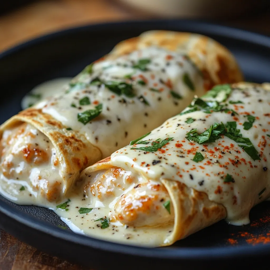 Here's a description of the image:

Two crepe rolls, generously coated in a creamy white sauce, are the focal point of this close-up shot.  The sauce is speckled with black pepper and flecks of red paprika, and garnished with fresh parsley. The crepes appear golden-brown and slightly crispy, filled with a visible, light orange filling.  They rest on a dark-colored plate, with a few stray drops of sauce trailing onto the surface. The setting suggests a cozy, dimly lit ambiance, likely a home-cooked meal.