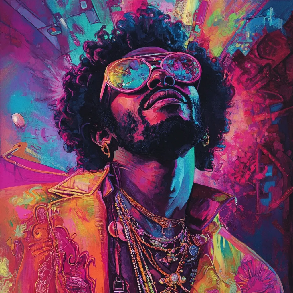 Here's a description of the image:

The vibrant portrait showcases a stylized depiction of a man, possibly a musician, with a large afro. He's wearing mirrored sunglasses and a flamboyant, colorful jacket adorned with intricate detailing.  Multiple necklaces, layered and ornate, add to his bold appearance. The background is a whirlwind of energetic, abstract brushstrokes in bright pinks, purples, blues, and oranges, creating a dynamic and almost psychedelic effect. The overall style suggests a blend of portraiture and graphic design, emphasizing bold colors and strong lines. The man's gaze is directed upwards, giving an impression of contemplation or aspiration.