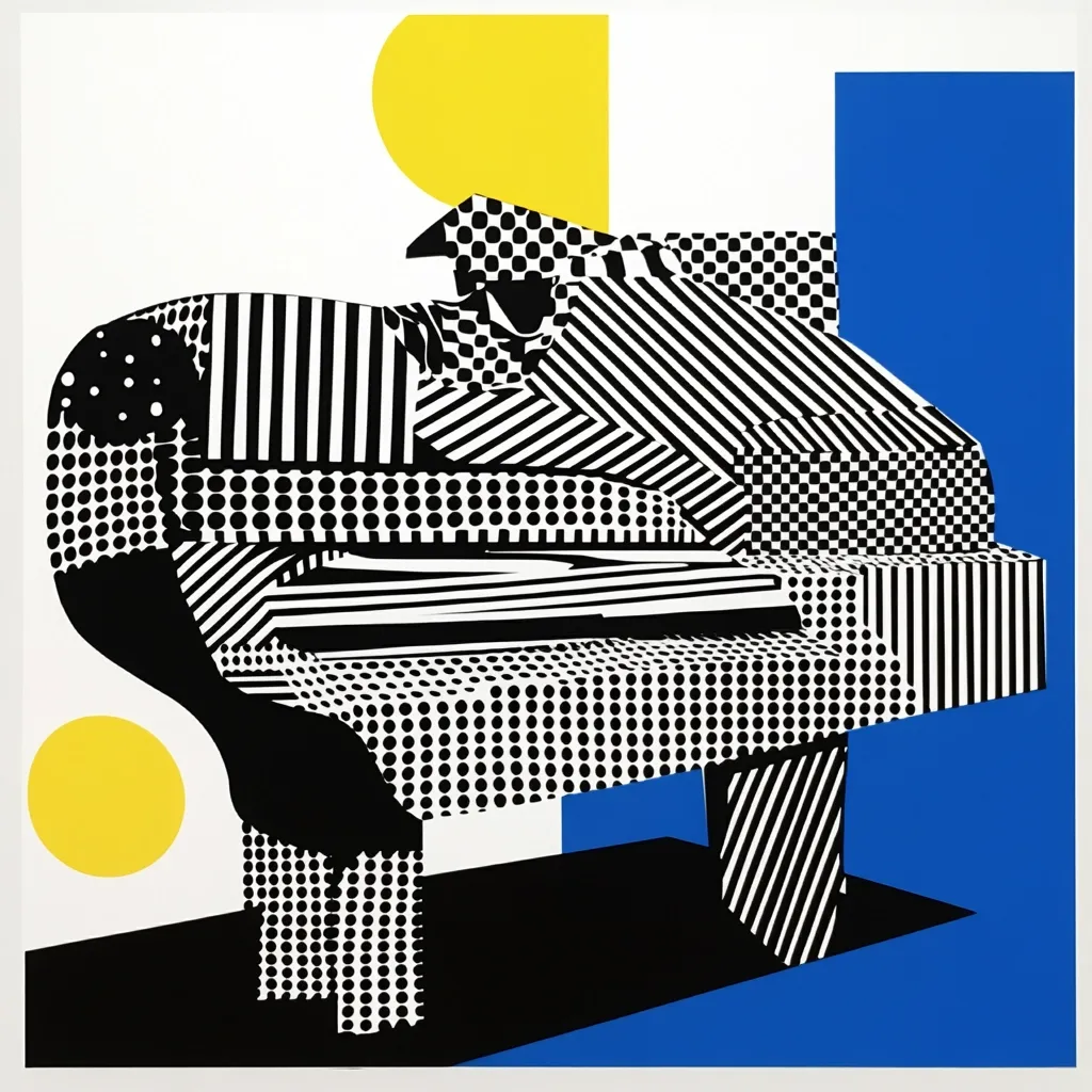 The image is an abstract depiction of a grand piano, rendered in stark black and white geometric patterns against a white background with accents of bright yellow and blue.  The piano's form is fragmented and reassembled using stripes, polka dots, and checks, creating a dynamic, almost Cubist effect. The bold colors and graphic style suggest a Pop Art influence, emphasizing a playful yet sophisticated visual aesthetic.  The overall composition is striking and modern.