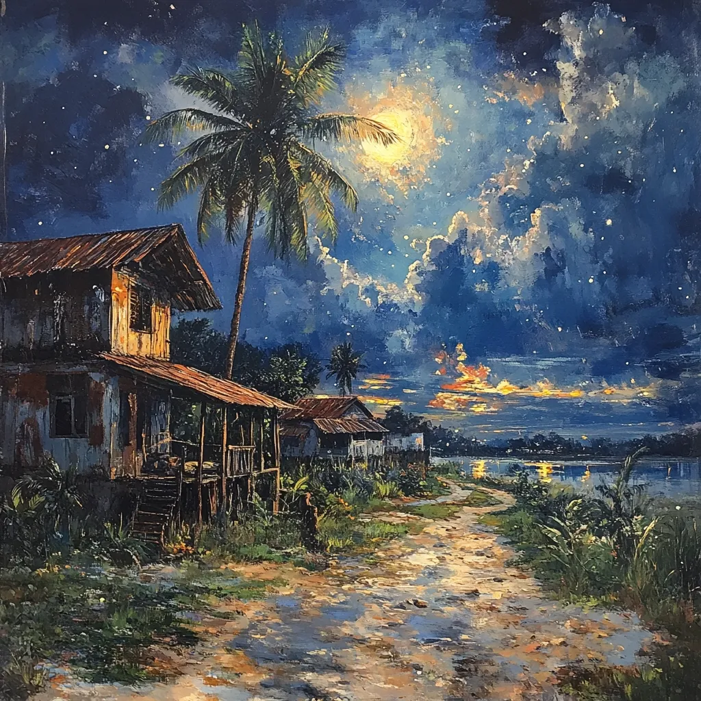 A vibrant painting depicts a tranquil village scene under a starry night sky. A large, bright moon illuminates a dirt path leading to weathered wooden houses. A tall palm tree stands prominently in the foreground, with other vegetation suggesting a tropical setting.  The path curves towards a calm body of water reflecting the soft glow of the sky, which blends hues of deep blue, orange, and gold. The overall impression is one of peaceful serenity and idyllic rural life.