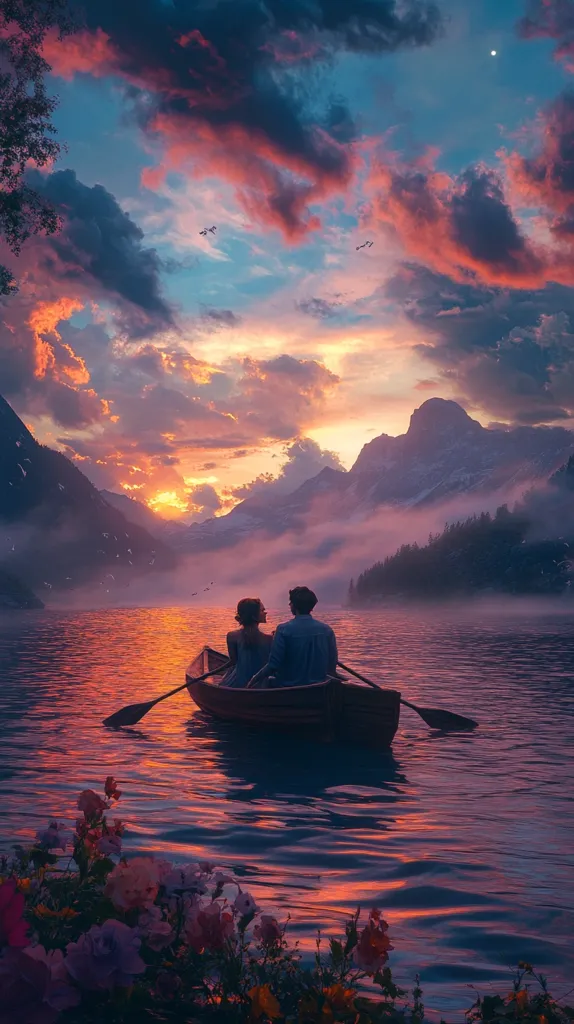 A romantic scene unfolds at sunset. A couple sits in a small wooden rowboat on a serene lake, nestled amongst misty mountains. The sky is ablaze with vibrant hues of orange, pink, and purple, reflecting on the water's surface.  Birds fly overhead, adding to the peaceful ambiance.  Lush flowers in the foreground frame the breathtaking view, enhancing the idyllic and tranquil atmosphere. The overall mood is one of love, serenity, and breathtaking natural beauty.