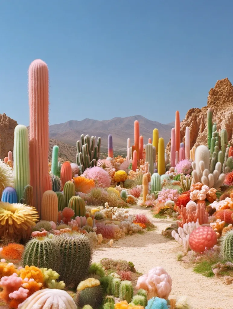 A vibrant, surreal desert landscape unfolds under a clear blue sky.  Pastel-colored cacti of varying heights and shapes dominate the scene, interspersed with fluffy, coral-like plants in a spectrum of pinks, oranges, and yellows. A sandy path meanders through this whimsical garden, leading towards distant, muted mountains. The overall effect is one of playful fantasy, a vibrant and improbable desert oasis.