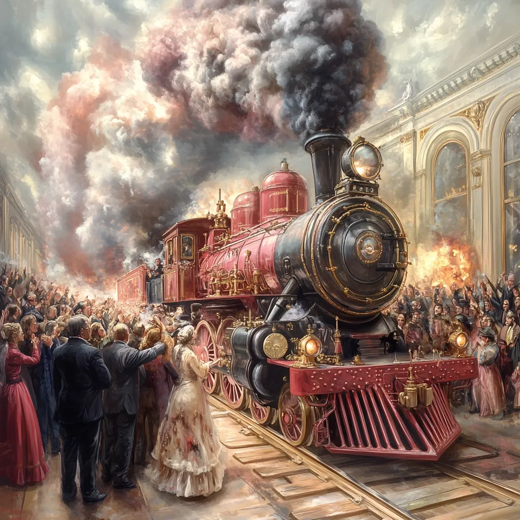A grand, crimson steam locomotive, billowing dark smoke, arrives at a station.  A large crowd, dressed in period clothing, cheers and waves, their excitement palpable.  The scene is richly detailed, with a classical building forming a backdrop.  The artist's skill is evident in the rich textures and dramatic lighting, creating a sense of historical grandeur and the transformative power of the railroad. The painting evokes a feeling of celebration and a new era dawning.