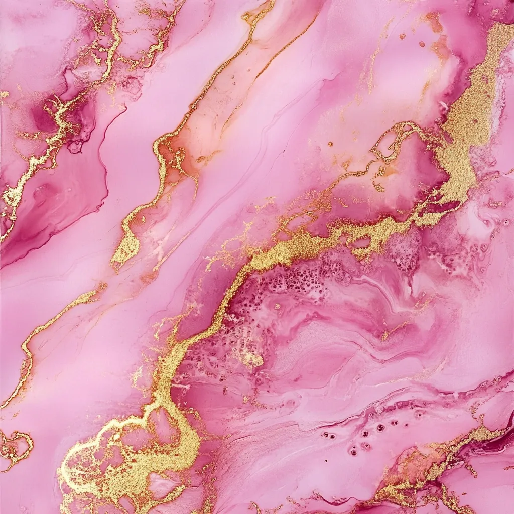 The image showcases an abstract alcohol ink painting in shades of pink and gold.  Swirling, fluid patterns create a marbled effect, with veins of shimmering gold pigment flowing through the softer pink hues. The colors blend seamlessly, creating a luxurious and elegant aesthetic reminiscent of precious gemstones or luxurious marble.  The texture is implied through the variations in color density and the gold accents.