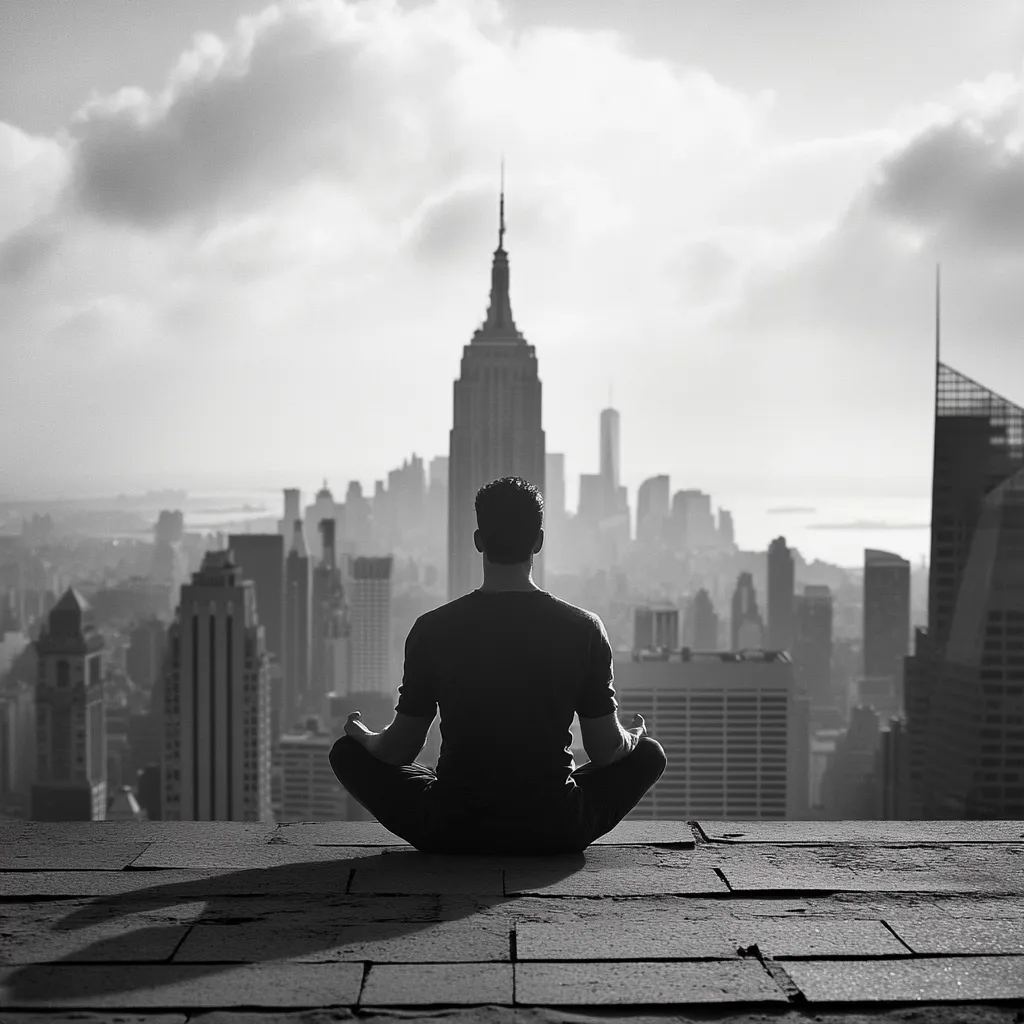 Here's a description of the image:

A black and white photograph depicts a man sitting in a lotus position on a rooftop, his back to the camera.  He's meditating, facing a sprawling cityscape, with the Empire State Building prominently featured in the mid-ground. The city stretches to the horizon, a hazy expanse of buildings under a partly cloudy sky. The scene is peaceful and contemplative, contrasting the serenity of the man's pose with the bustling energy implied by the urban landscape.  The overall mood is calm and reflective.