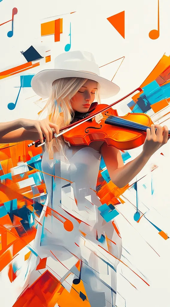 A young woman with blonde hair, wearing a white hat and dress, plays a violin.  She is depicted against a vibrant backdrop of abstract, geometric shapes in shades of orange, teal, and white. Musical notes are scattered throughout the design, creating a dynamic and energetic visual representation of music. The artwork is stylized with bold brushstrokes and a modern aesthetic. The overall impression is one of youthful talent and creative expression.